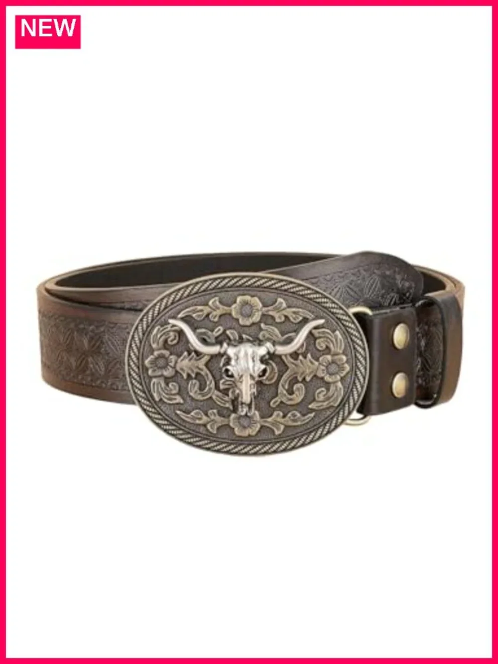 Vintage Western PU Leather Buckle Belt Oval Metal Floral Carved